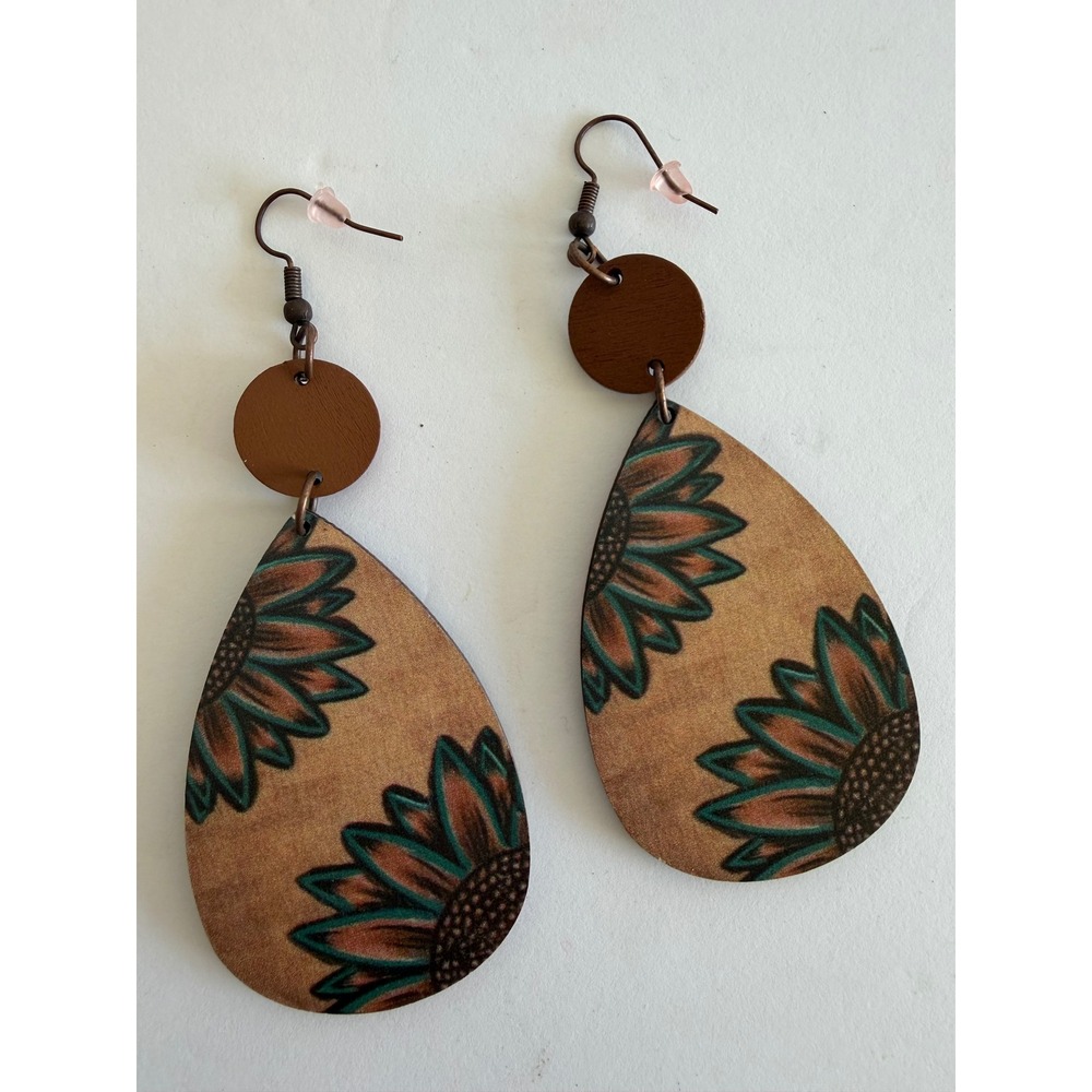 Western Sunflower Teardrop Dangle festival Earrings Wood Look Boho Teal Brown